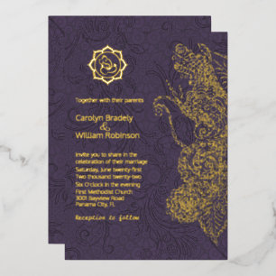 Pruim en Gouden Mandala en Ganesha Trouwfolie Folie Uitnodiging