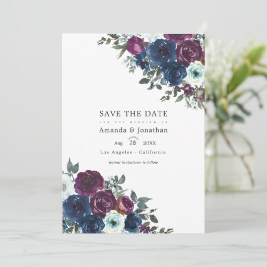 Pruim en marine bloemige trouwfoto save the date (Staand voorkant)