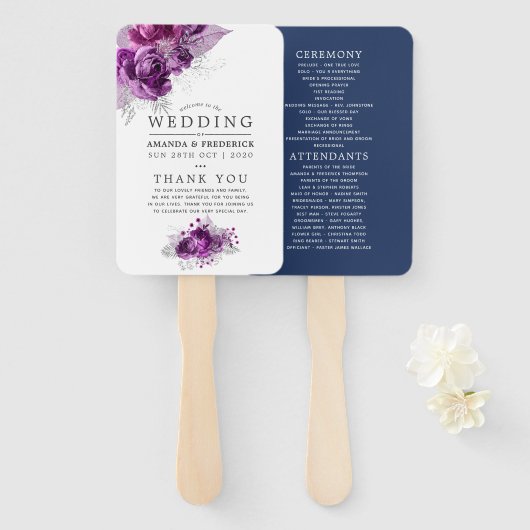 Pruim en marine waterverf bloemen bruiloftsprogram handwaaier (Voorkant en achterkant)