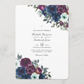 Pruim en marineblauwe bloemencode met QR-code RSVP Kaart (Voorkant)