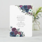 Pruim en marineblauwe bloemencode met QR-code RSVP Kaart (Staand voorkant)