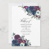 Pruim en marineblauwe bloemige trouwfoto kaart (Voorkant)