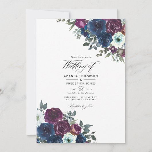 Pruim en marineblauwe bloemige trouwfoto kaart (Voorkant)