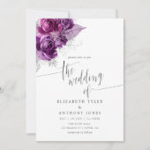 Pruim- en marineblauwe bloemige waterverf trouwuit kaart (Voorkant)