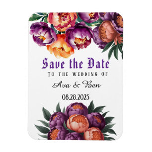 Pruim en Oranje Schilderen Pioen "Save the Date" Magneet