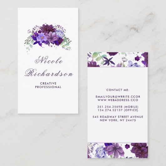 Pruim en paars paarse bloemen stijlvol en elegant visitekaartje (Voorkant / Achterkant)