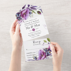 Pruim en Pastel Paarse Waterverf Bloemen Bruiloft All In One Uitnodiging
