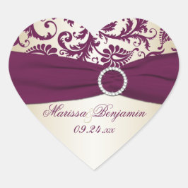 pruim en Taupe Damask Heart Shape Sticker