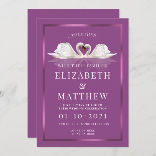 Pruim en witte kleur thema met zwanen kaart (Voorkant / Achterkant)