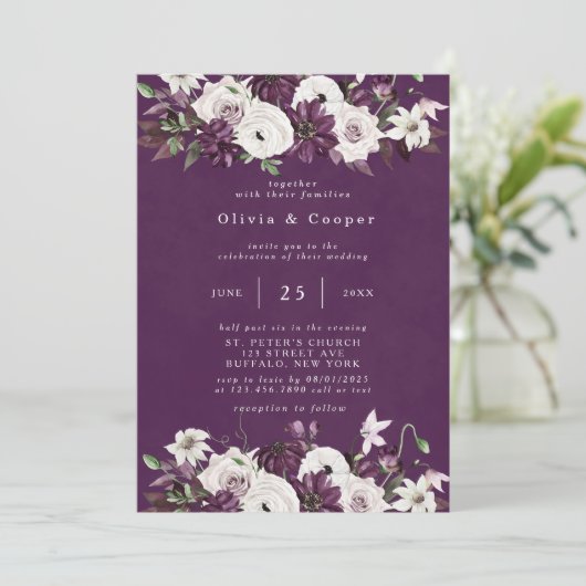 Pruim en witte Waterverf bloemenelegante bruiloft Kaart (Staand voorkant)