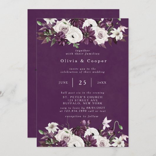 Pruim en witte Waterverf bloemenelegante bruiloft Kaart (Voorkant / Achterkant)