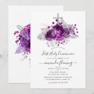 Pruim en zilver aquarel bloemenuitnodiging voor de kaart