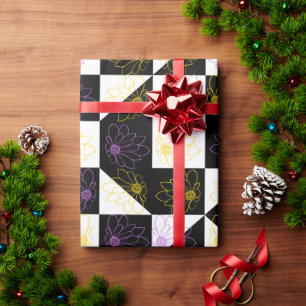 Pruim & Gele Bloem Zwart & Wit Schaakbord Cadeaupapier