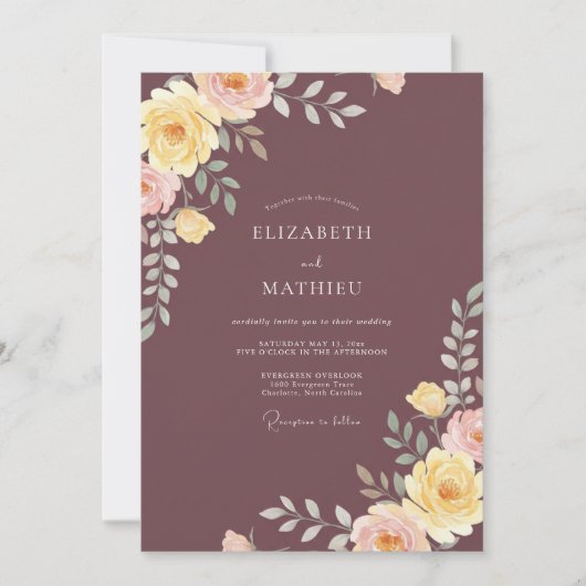 Pruim Gele Ranunculus Eucalyptus Bruiloft Kaart (Voorkant)