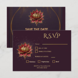 Pruim Gothisch Save the Date Elegante Gouden Lotus RSVP Kaartje