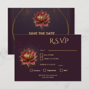 Pruim Gothisch Save the Date Elegante Gouden Lotus RSVP Kaartje