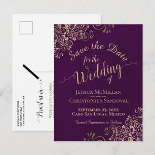 Pruim & Goud Chic Calligrafie Huwelijk Save the Da Aankondigingskaart