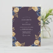 Pruim Goud Ranunculus Grijs Eucalyptus Bruiloft Kaart (Staand voorkant)