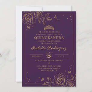 Pruim Gouden Bloemige Quinceañera Kaart