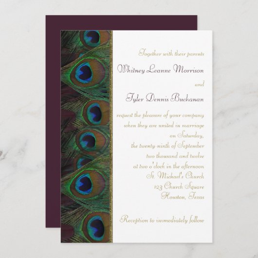 Pruim, gouden pauw veren bruiloft uitnodiging (Voorkant / Achterkant)