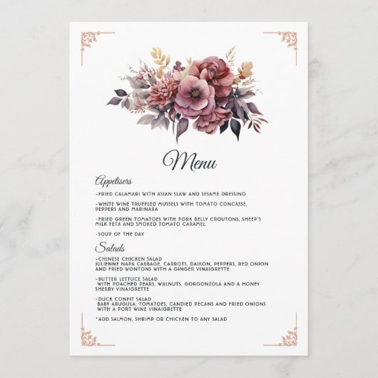 Pruim, Grijs, Koper en Stof Roos Bloemige Trouwfee Menu (Voorkant)
