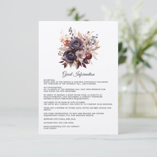Pruim, Grijs, Koper en Stoffig Roos Bloemenbruilof Informatiekaartje (Staand voorkant)