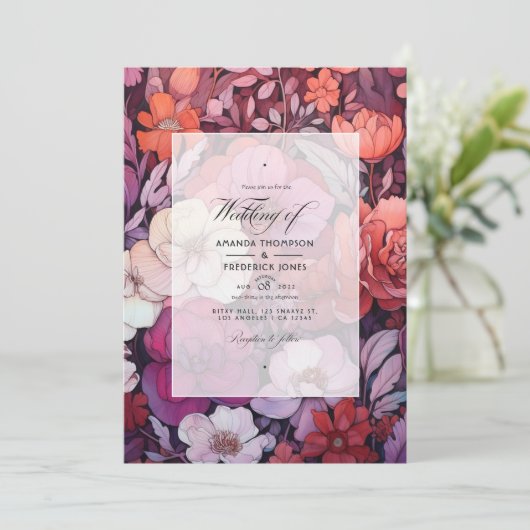 Pruim, grijs, koper en stoffig Roos Bloemenbruilof Kaart (Staand voorkant)