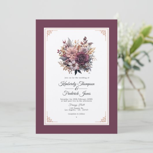 Pruim, Grijs, Koper en Stoffig Roos Bloemenbruilof Kaart (Staand voorkant)