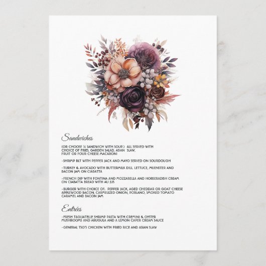 Pruim, Grijs, Koper en Stoffig Roos Bloemenbruilof Menu (Achterkant)