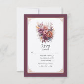 Pruim, Grijs, Koper en Stoffig Roos Bloemenbruilof RSVP Kaartje (Voorkant)