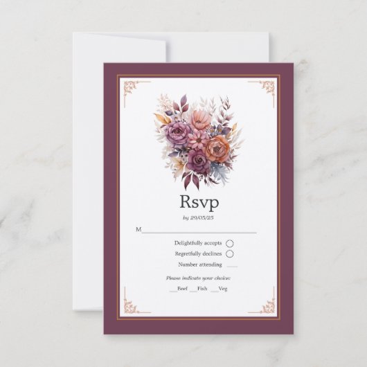 Pruim, Grijs, Koper en Stoffig Roos Bloemenbruilof RSVP Kaartje (Voorkant)