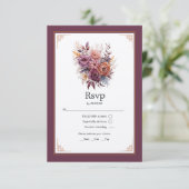 Pruim, Grijs, Koper en Stoffig Roos Bloemenbruilof RSVP Kaartje (Staand voorkant)