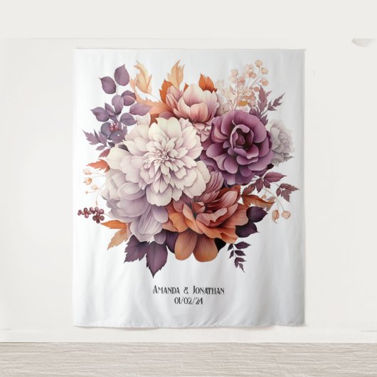 Pruim, Grijs, Koper en Stoffig Roos Bloemenbruilof Wandkleed (Voorkant)