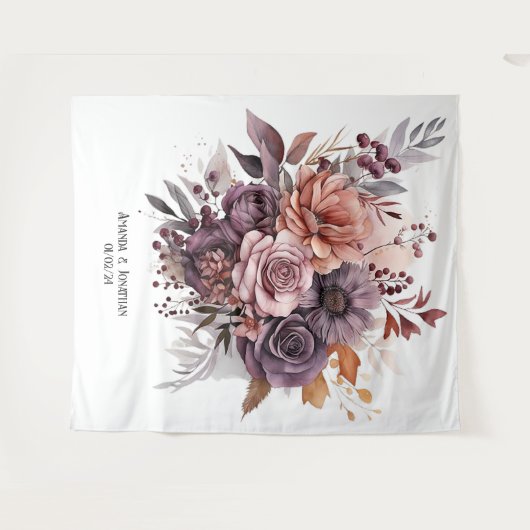 Pruim, Grijs, Koper en Stoffig Roos Bloemenbruilof Wandkleed (Voorkant (horizontaal))