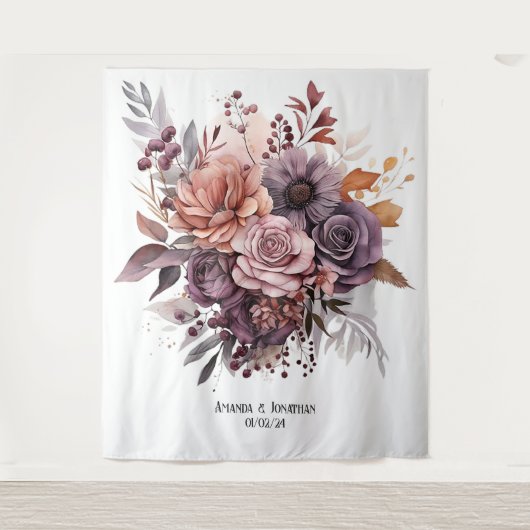 Pruim, Grijs, Koper en Stoffig Roos Bloemenbruilof Wandkleed (Voorkant)