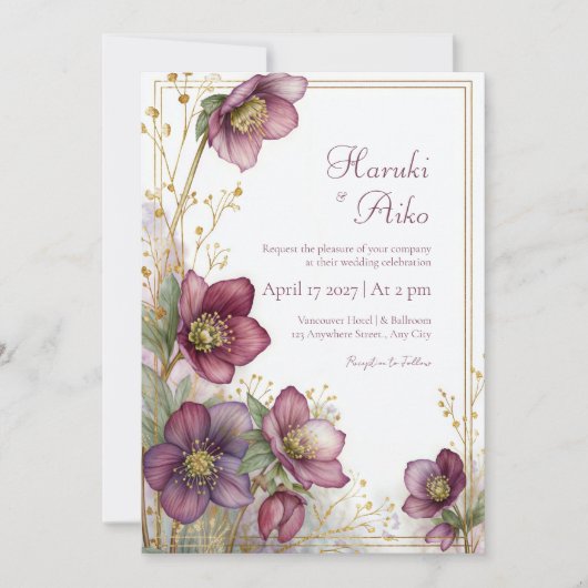 Pruim Hellebore Goud Glitter Botanisch Frame Kaart (Voorkant)