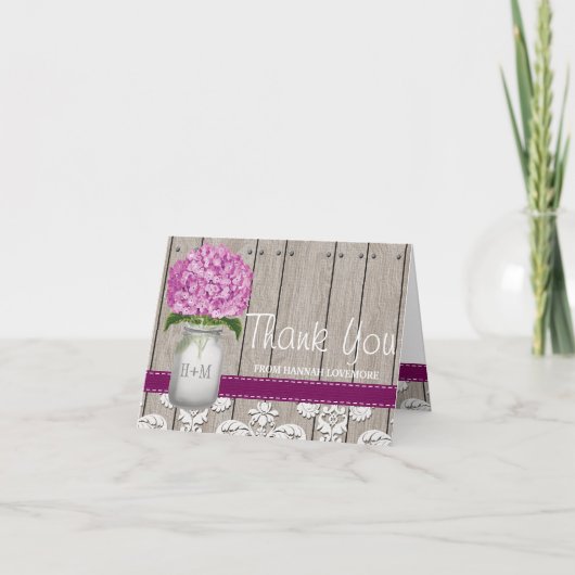 Pruim Hydrangea Monogram Metseren Glas THANK YOU Bedankkaart (Voorkant)