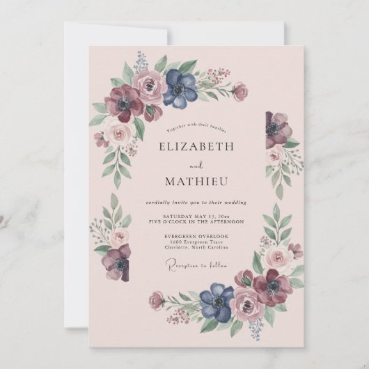 Pruim Indigo Wilde Bloemen Bruiloft Kaart (Voorkant)