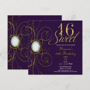 Pruim Konings Paars & Goud Diamant Sweet 16 Verjaa Kaart