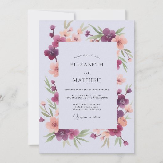 Pruim Koraal Wilde Bloemen Bruiloft Kaart (Voorkant)