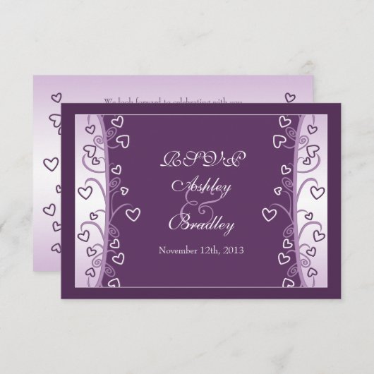 Pruim Lavendel Paarse Harten Trouw RSVP Kaart (Voorkant / Achterkant)
