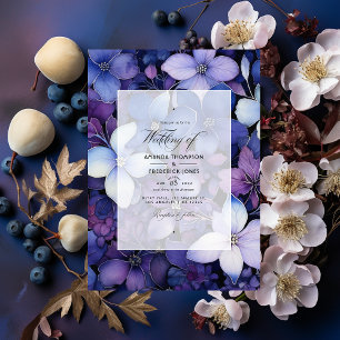 Pruim, marineblauw en zilveren bloemhuwelijk kaart