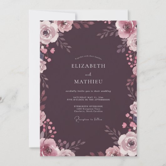 Pruim Mauve Bloemblad Bruiloft Kaart (Voorkant)