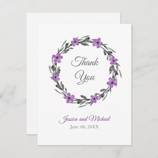 Pruim Mauve Grijs Zwart Waterverf Bloemenkrans Bedankkaart (Voorkant / Achterkant)