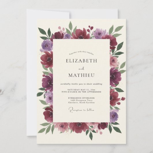 Pruim Mauve Ranunculus Eucalyptus Bruiloft Kaart (Voorkant)