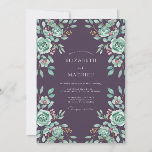 Pruim Mint Ranunculus Grijs Eucalyptus Bruiloft Kaart (Voorkant)