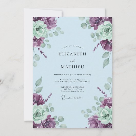 Pruim Mint Ranunculus Zachte Eucalyptus Bruiloft Kaart (Voorkant)