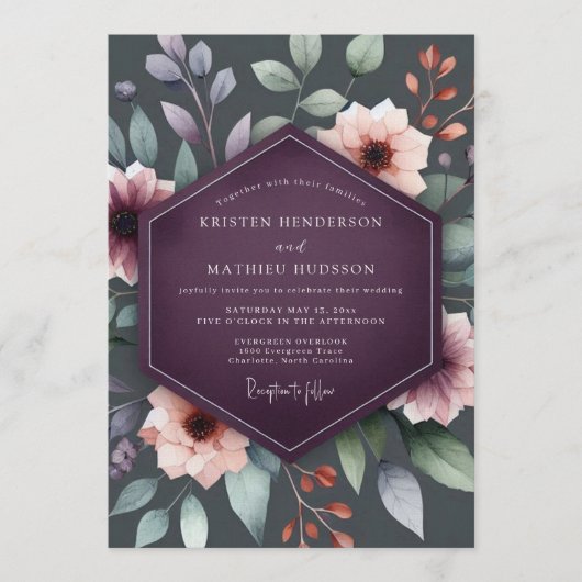 Pruim Moody Botanische Herfst Bruiloft Kaart (Voorkant)