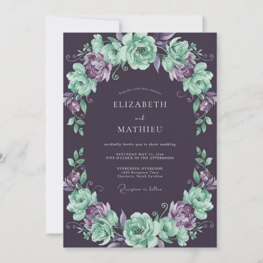 Pruim Munt Ranunculus Eucalyptus Bruiloft Kaart (Voorkant)