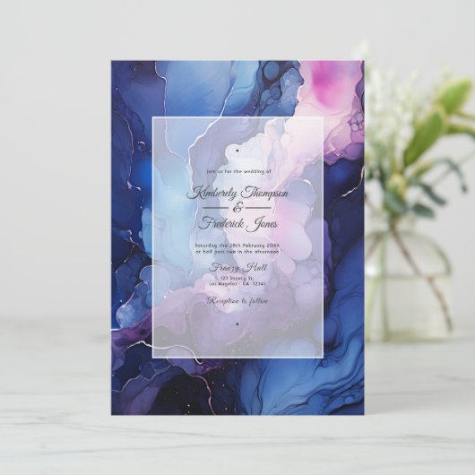 Pruim, Navy Blue en zilveren inkt bruiloft Kaart (Staand voorkant)